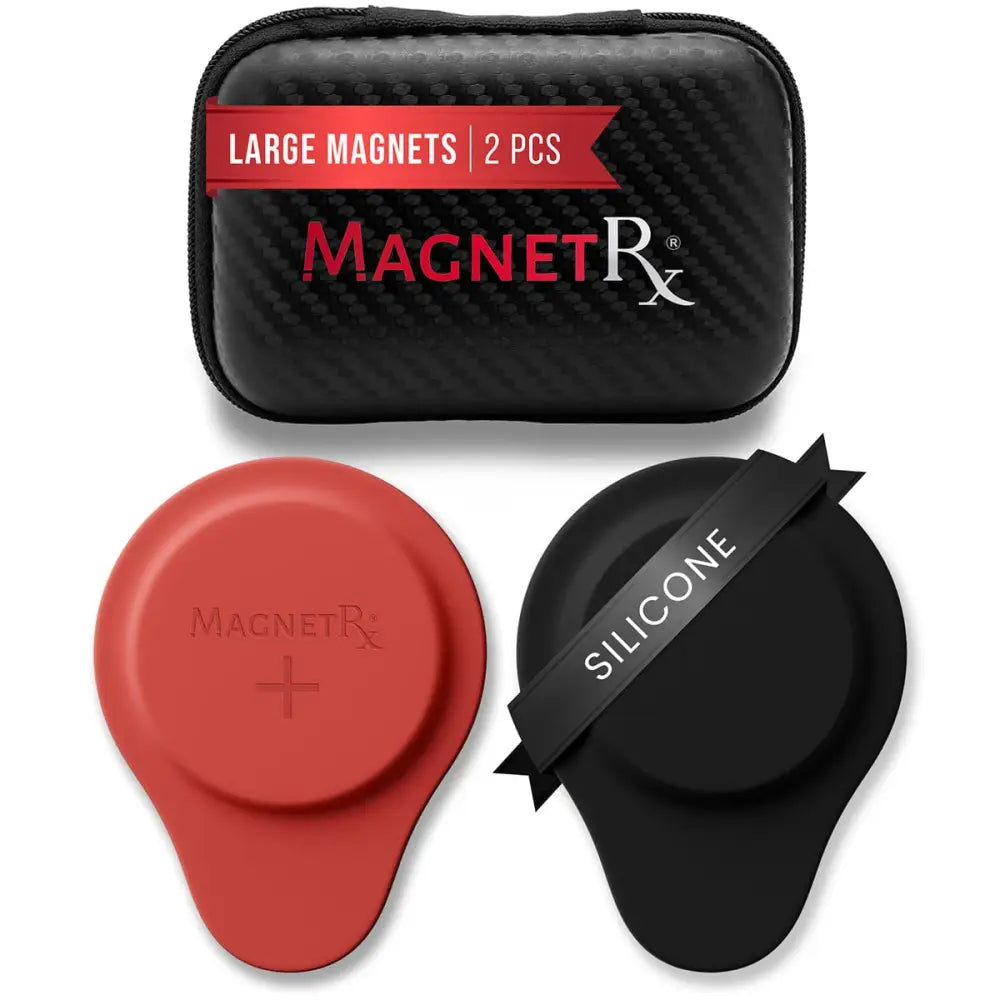 Premium neodymium biomagnetic therapy silicone magnet set in red and black inside a carbon fiber pattern case