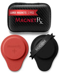 Premium neodymium biomagnetic therapy silicone magnet set with red and black magnets in a carbon-fiber textured case