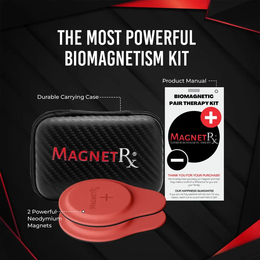 Premium neodymium biomagnetic therapy silicone magnet set with red circular magnets in a black carbon-fiber case