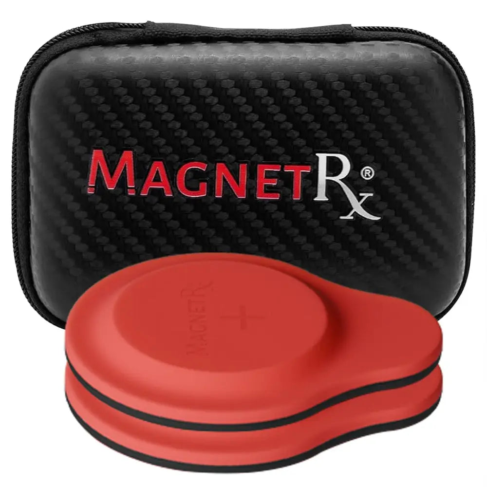 Red silicone magnetic phone holder with black trim displayed in front of a magnet rx carbon-fiber textured case