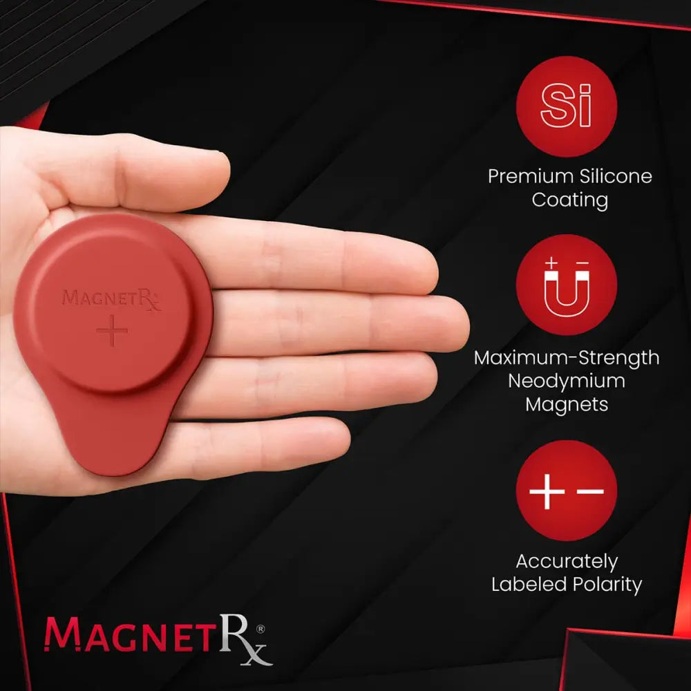 Red circular premium neodymium biomagnetic therapy magnet with silicone coating from MagnetRX for maximum strength