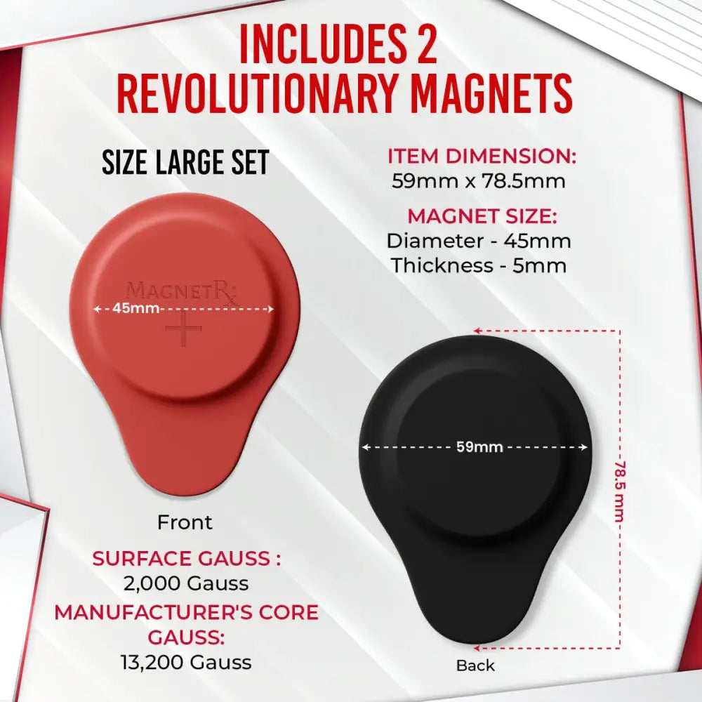 Premium neodymium biomagnetic therapy silicone magnet set with red and black magnetic closures embossed with magnetrx