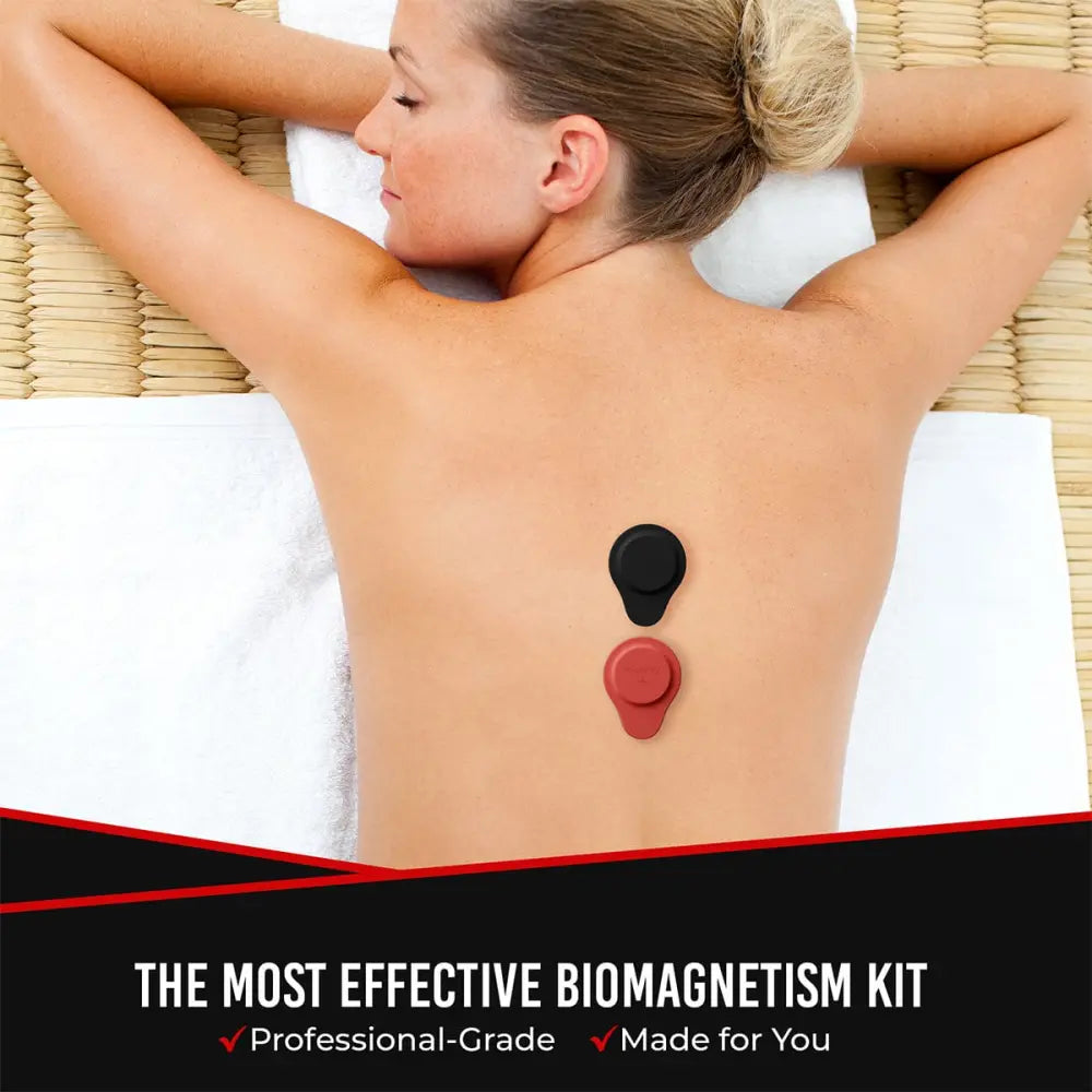 Magnetrx neodymium biomagnetic therapy silicone magnet set with black and red circular discs applied to back side