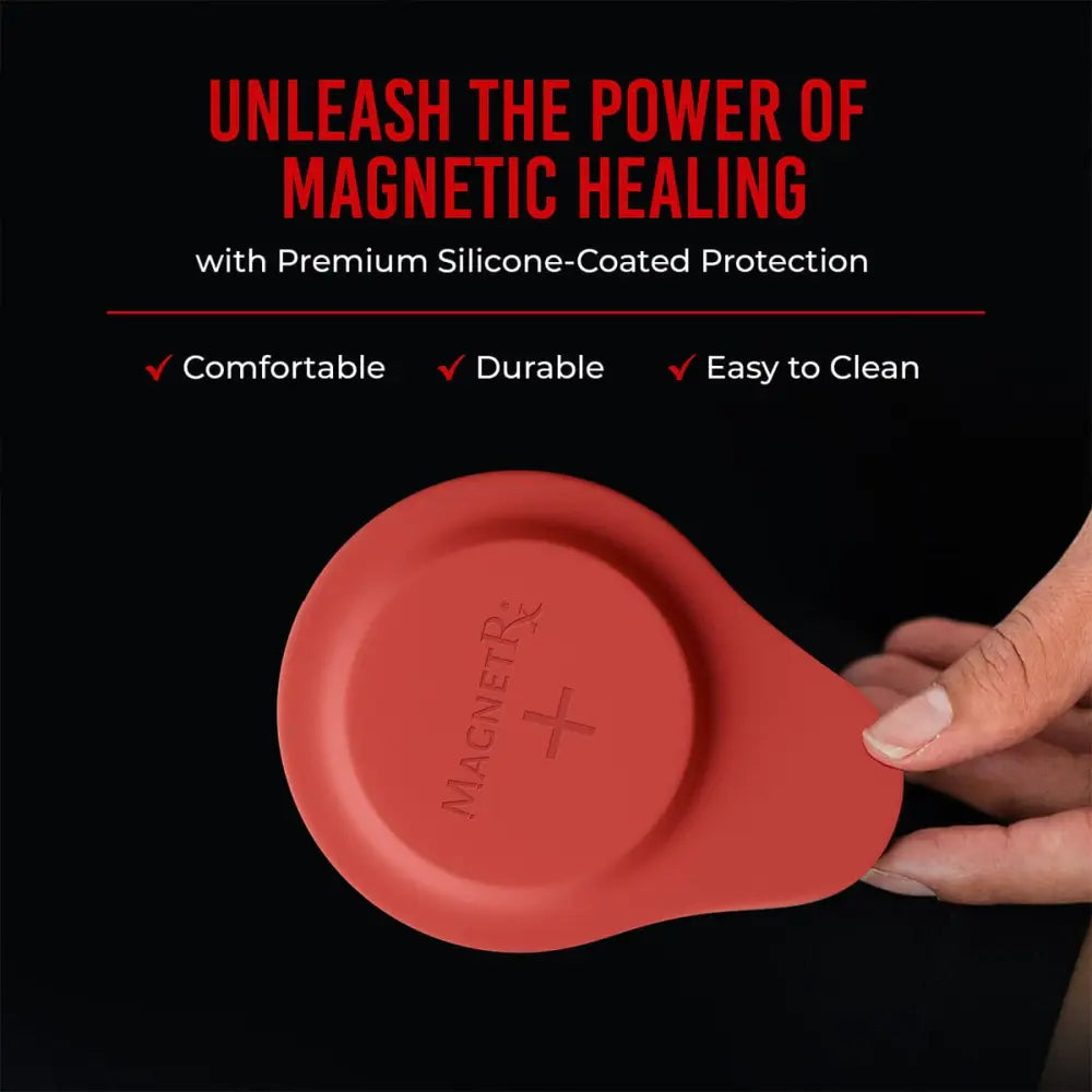 Red silicone-coated neodymium biomagnetic therapy pad with smooth rounded design and embossed branding from Magnetrx
