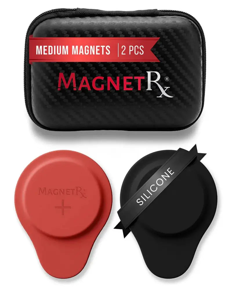 Black and red silicone medium magnets in a carbon fiber case from magnetrx neodymium biomagnetic therapy set