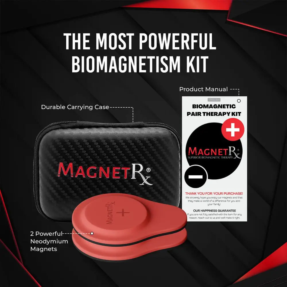 Red circular neodymium biomagnetic therapy magnet with plus sign branded magnetrx in black carbon fiber case