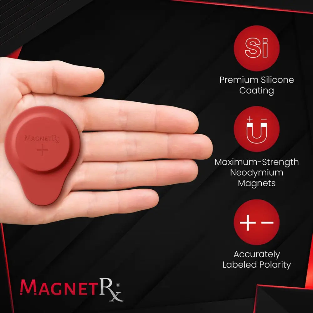 Red circular magnet with premium silicone coating and maximum-strength neodymium magnets from Magnetrx set