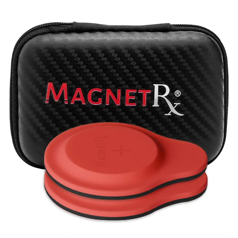 Red silicone magnetic therapy discs in a black carbon-fiber textured case from Magnetrx neodymium biomagnetic set