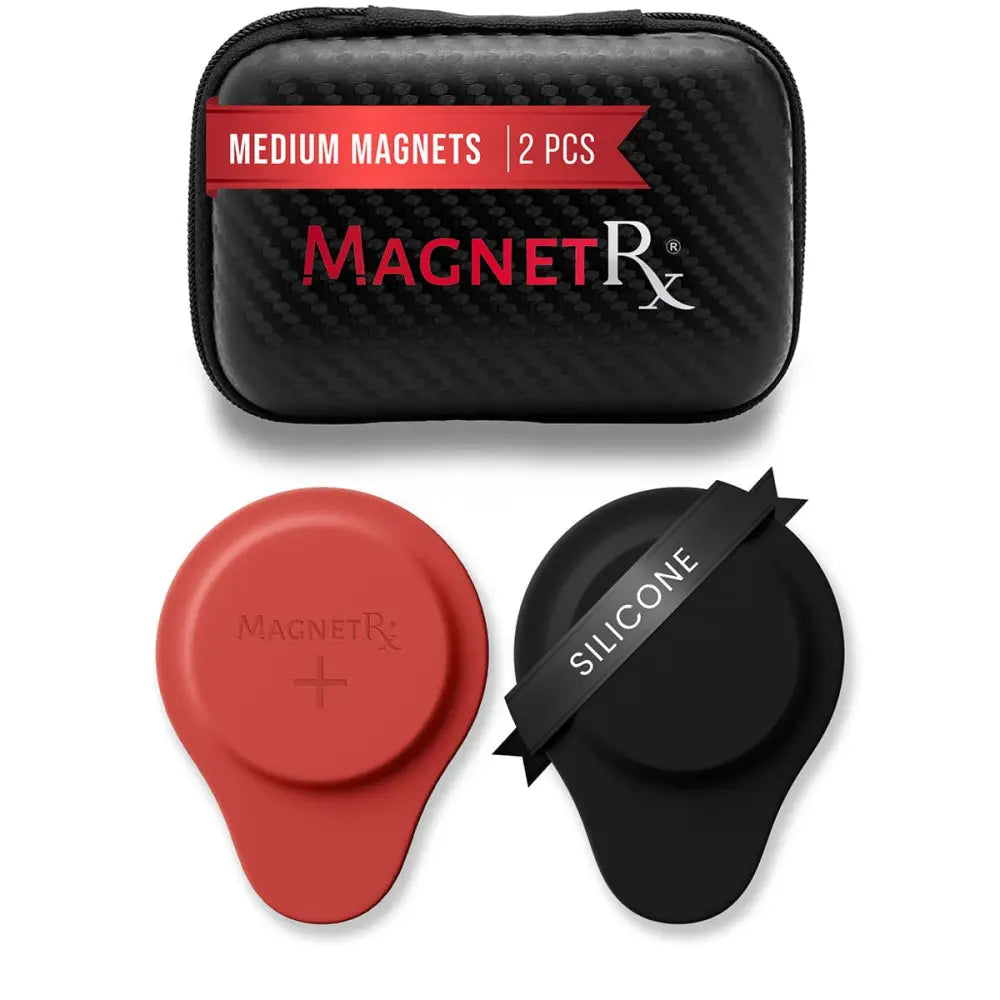 Magnetrx neodymium biomagnetic therapy silicone magnet set with red and black magnets in a carbon fiber case