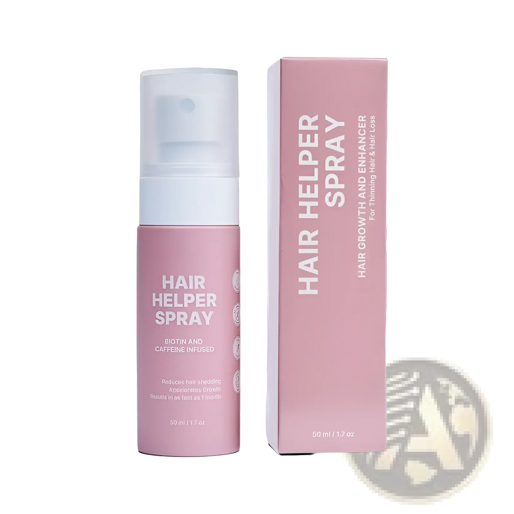 Pink cylindrical biotin and caffeine hair growth moisturizing spray with white nozzle and matching box for thinning hair
