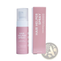 Pink cylindrical biotin and caffeine hair growth moisturizing spray with white nozzle and matching box for thinning hair