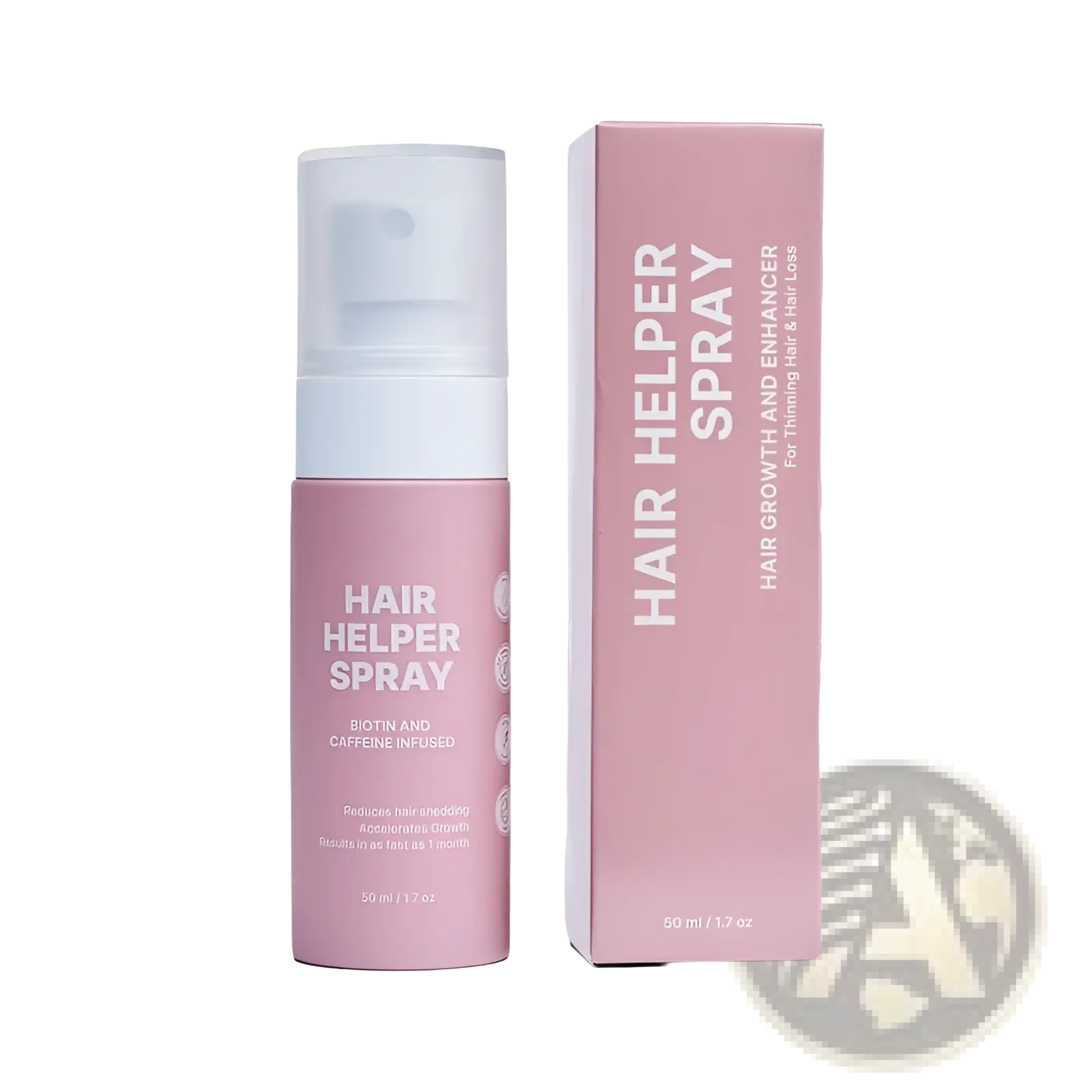 Pink cylindrical biotin and caffeine hair growth moisturizing spray with white nozzle and matching box for thinning hair