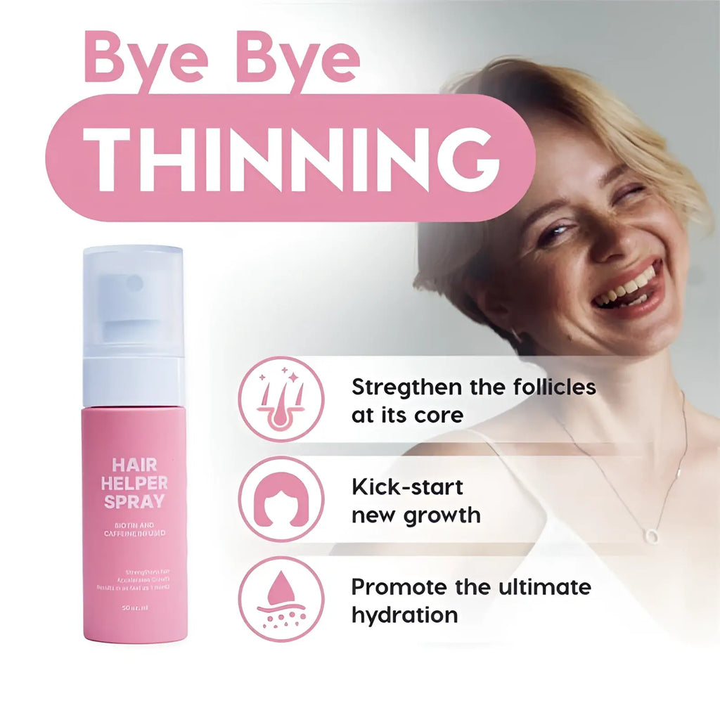 Pink cylindrical biotin and caffeine hair growth moisturizing spray bottle with white pump dispenser 50ml