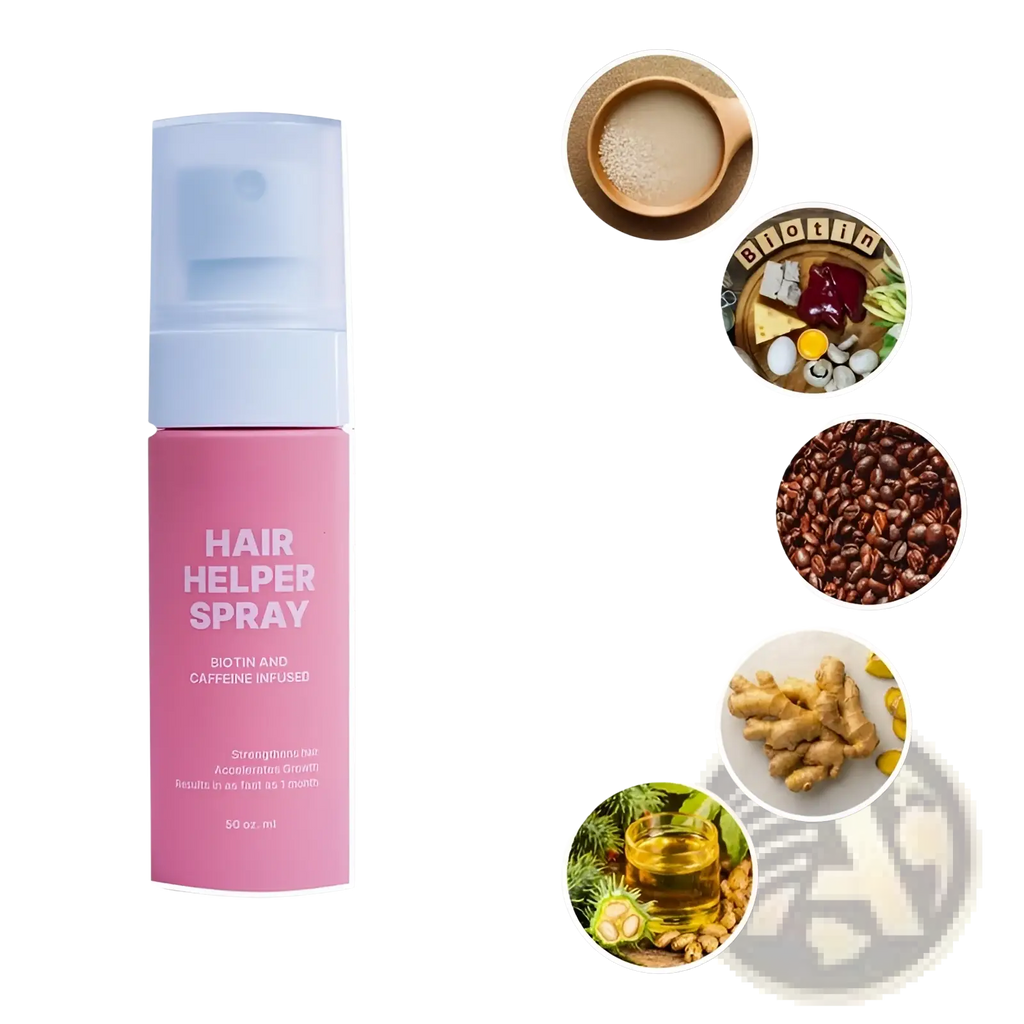 Pink cylindrical biotin and caffeine infused hair growth moisturizing spray bottle with light blue spray nozzle 50ml
