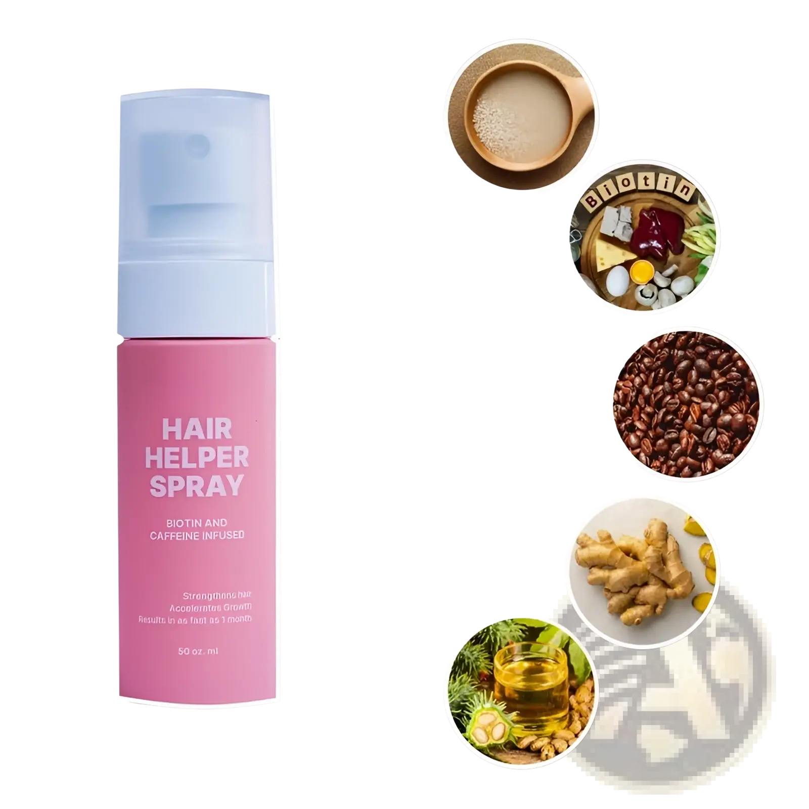 Pink cylindrical biotin and caffeine infused hair growth moisturizing spray bottle with light blue spray nozzle 50ml