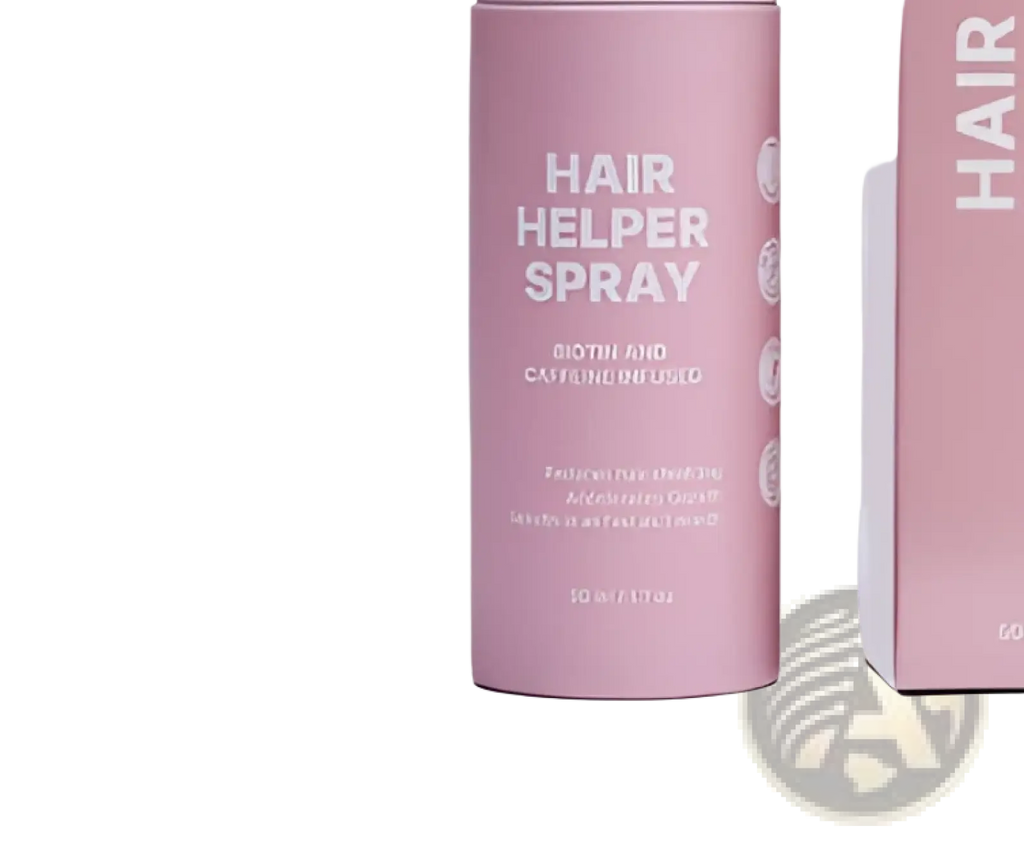 Pink cylindrical matte bottle of biotin and caffeine hair growth moisturizing spray 50ml with white text