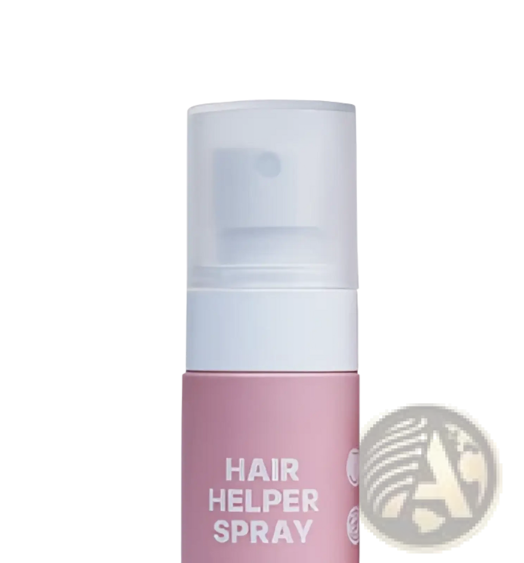 Pink cylindrical biotin and caffeine hair growth moisturizing spray bottle with white pump and matching pink packaging 50ml