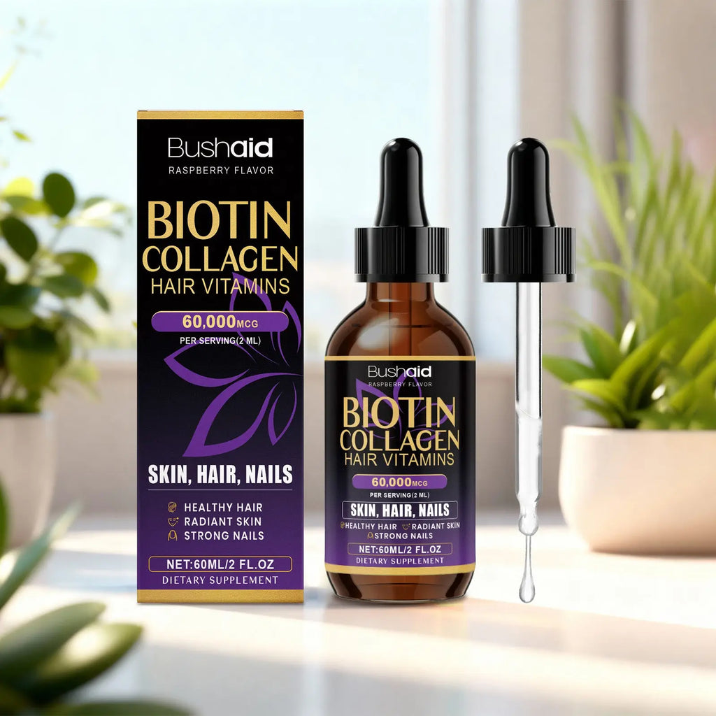 Bushaid biotin collagen hair drops raspberry liquid vitamin in dark amber glass bottle with black dropper and purple gold box