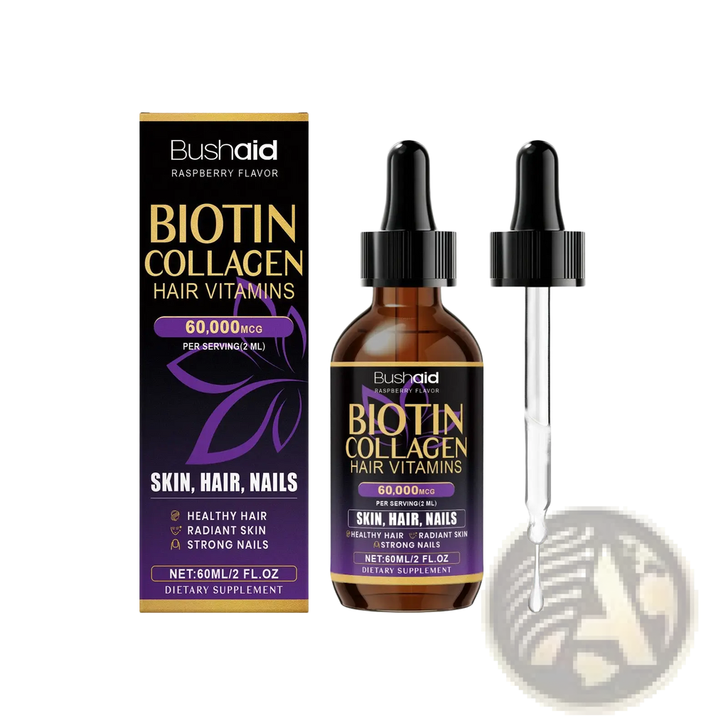 Bushaid biotin collagen hair drops raspberry flavor in a brown glass dropper bottle with black cap and pipette