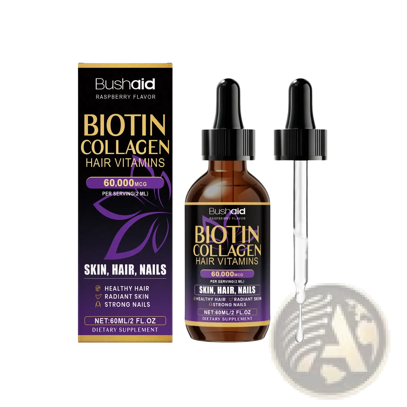 Bushaid biotin collagen hair drops raspberry flavor in a brown glass dropper bottle with black cap and pipette