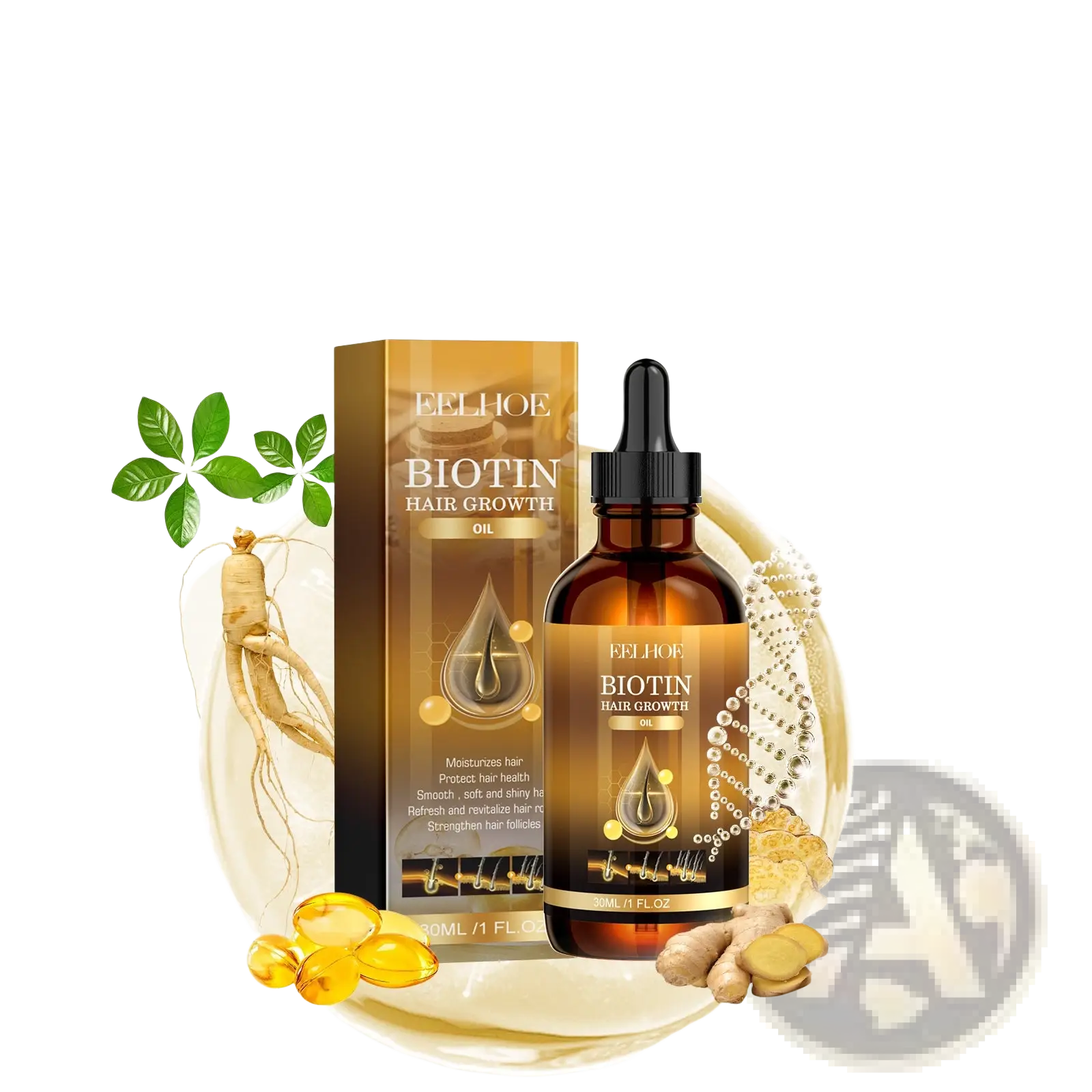 Amber glass bottle with black dropper and gold feelhoe biotin hair growth oil label surrounded by ginger and ginseng roots