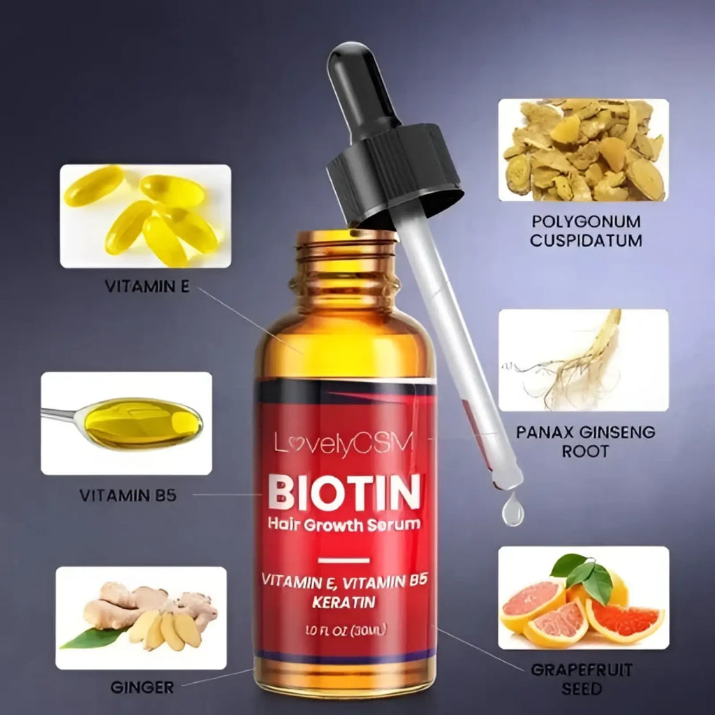 A amber glass bottle with black dropper cap labeled lovelycsm biotin hair growth serum containing golden liquid