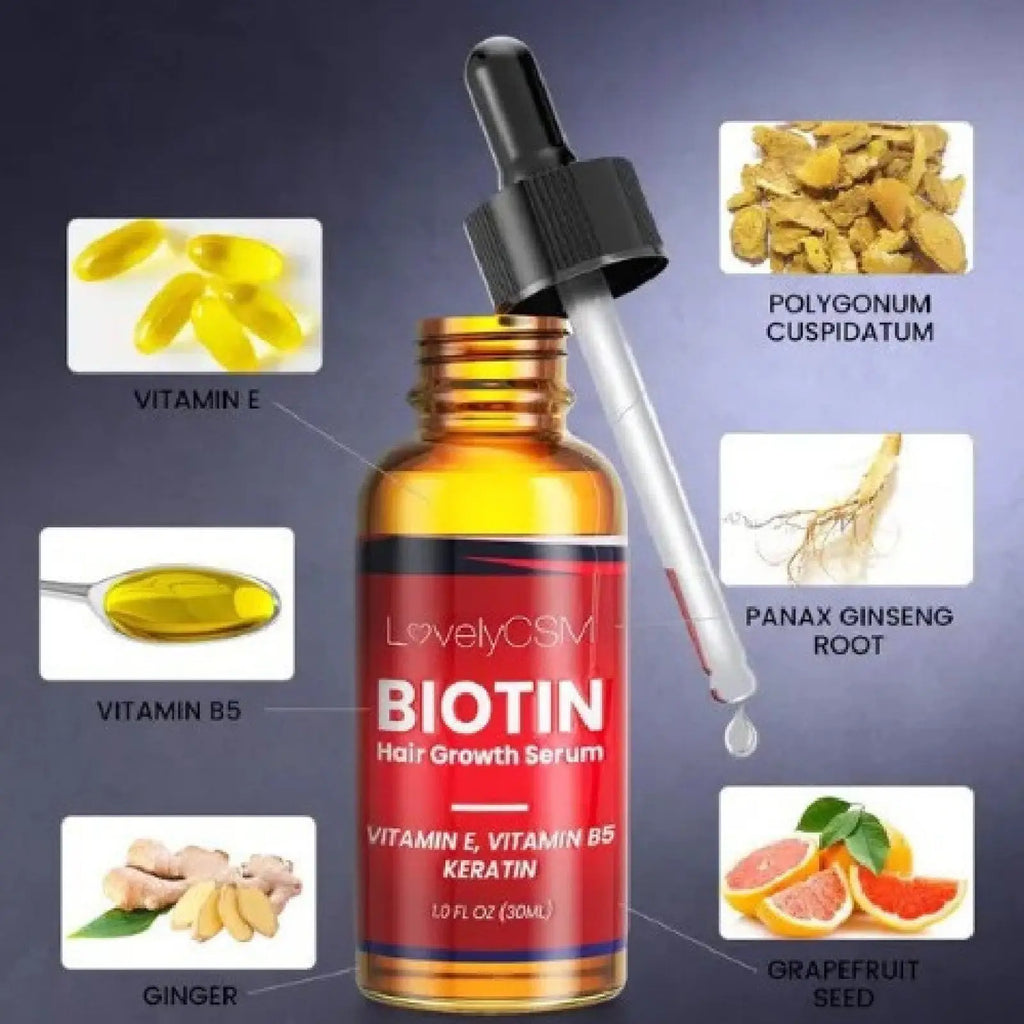 Amber glass biotin hair growth serum bottle with black dropper cap and red lovelyosm label for ginger oil 30ml