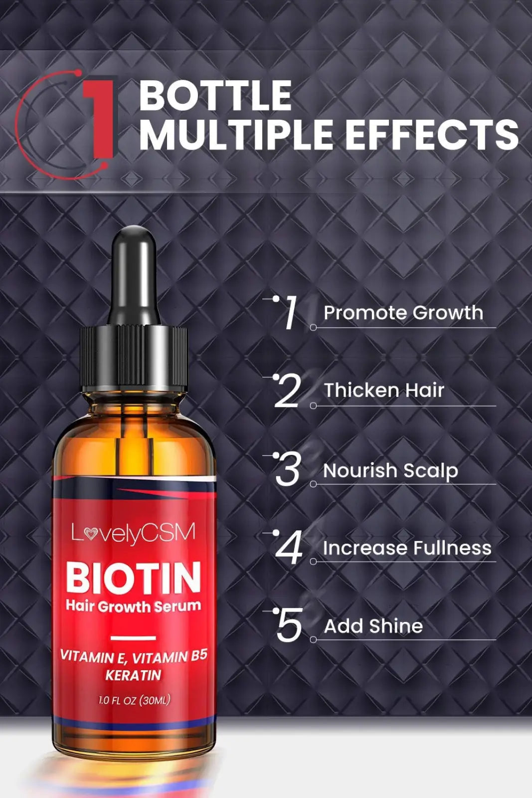 Amber glass bottle with black dropper cap and red label of lovelycsm biotin hair growth serum for hair care
