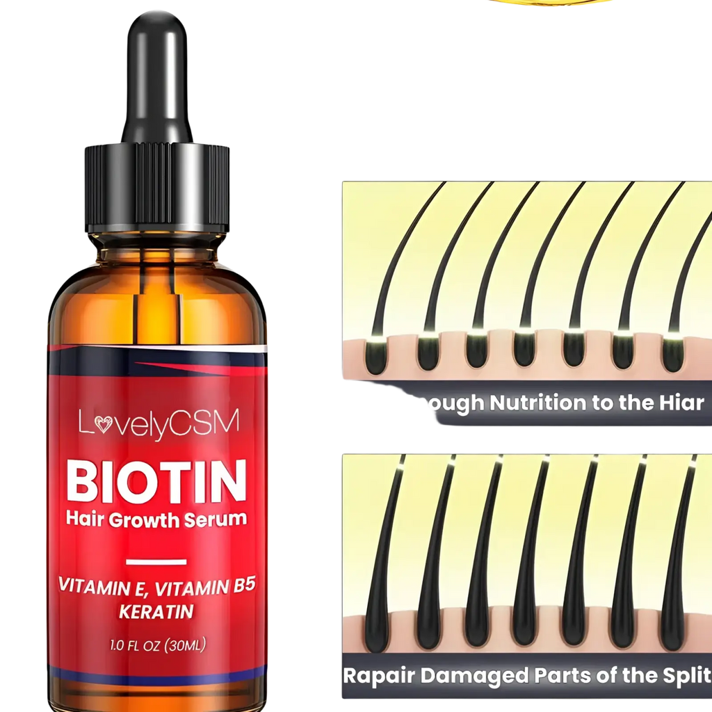 Red-labeled amber glass bottle of lovelycsm biotin hair growth serum ginger oil 30ml with black dropper cap