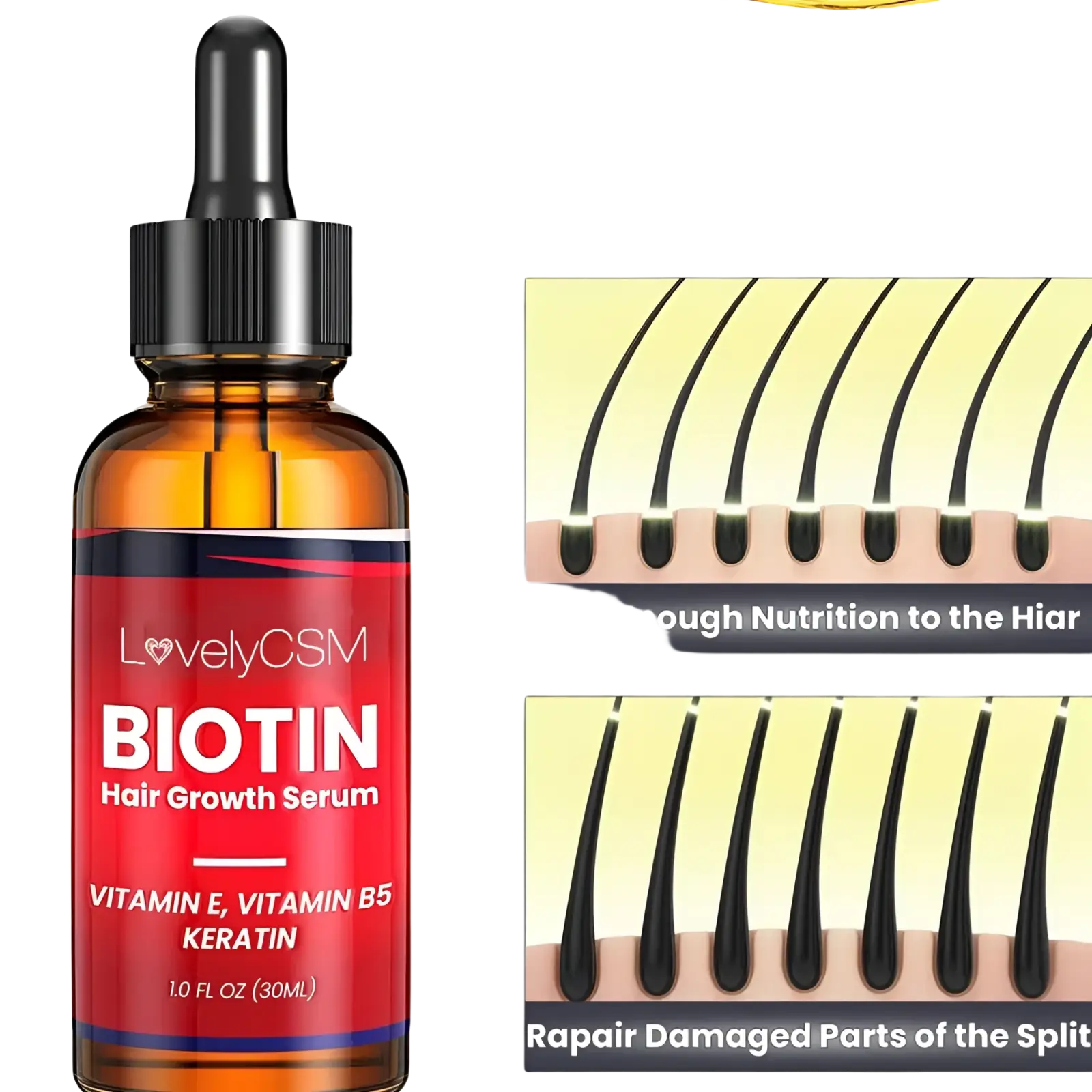Red-labeled amber glass bottle of lovelycsm biotin hair growth serum ginger oil 30ml with black dropper cap