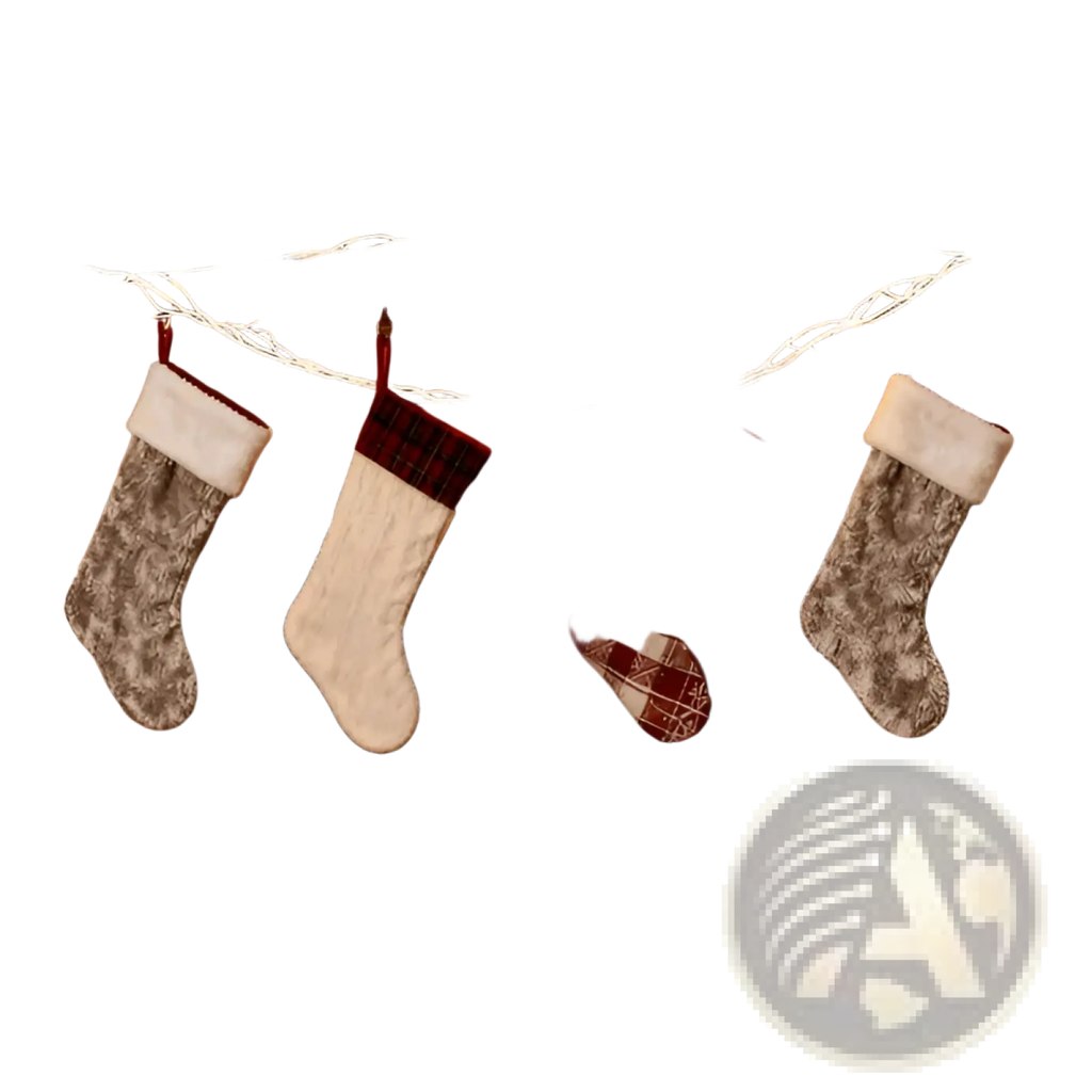 Four festive christmas stockings with plaid, cable knit, and embroidered designs hang from a mantel with birch garland 144 led warm white waterproof lights