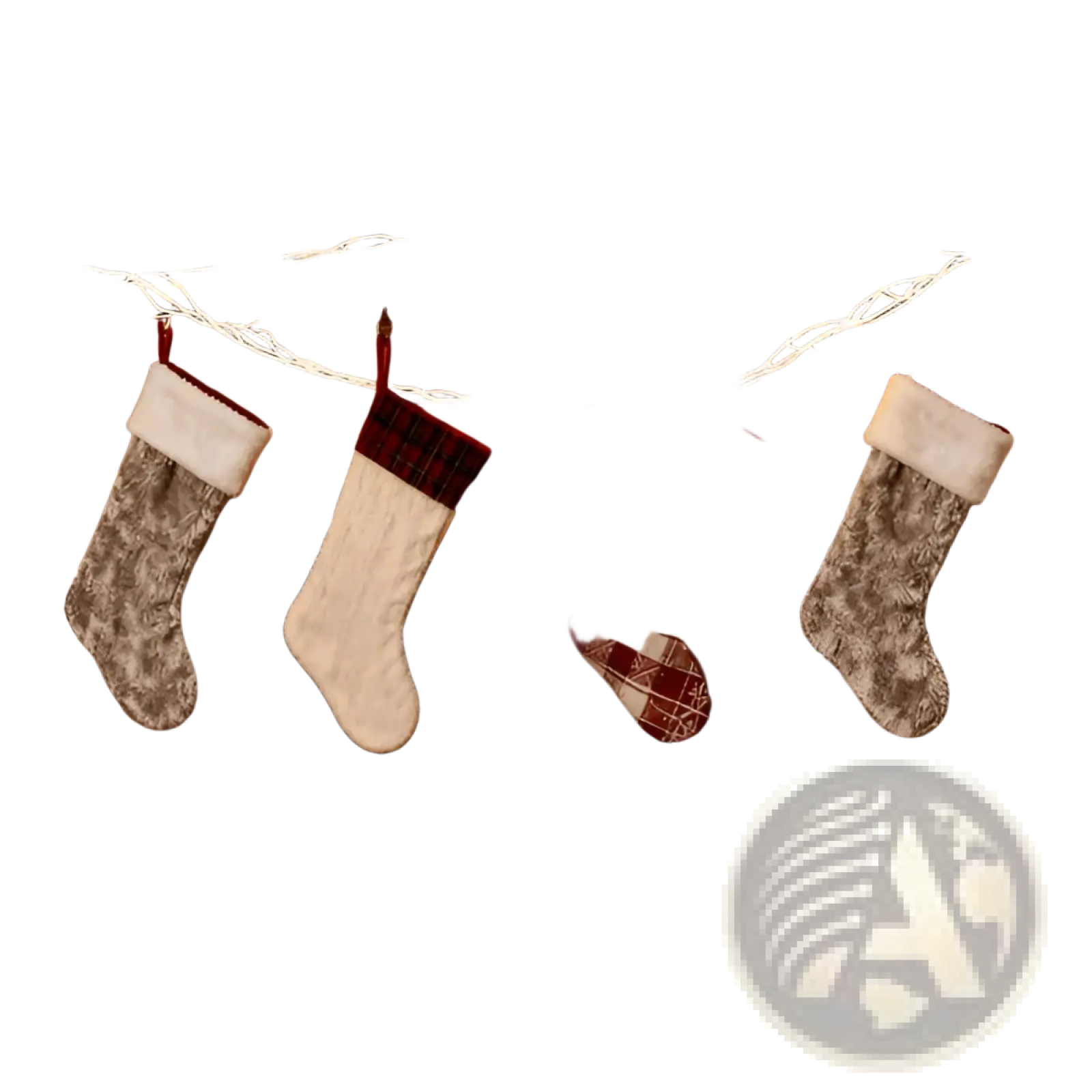 Four festive christmas stockings with plaid, cable knit, and embroidered designs hang from a mantel with birch garland 144 led warm white waterproof lights