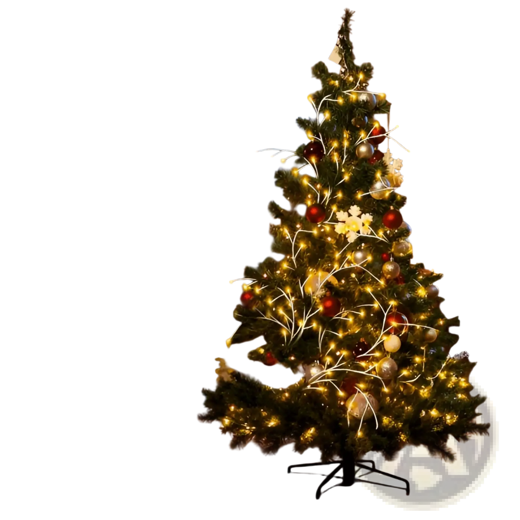 A tall artificial christmas tree decorated with birch garland 144 led warm white waterproof lights and red gold silver ornaments