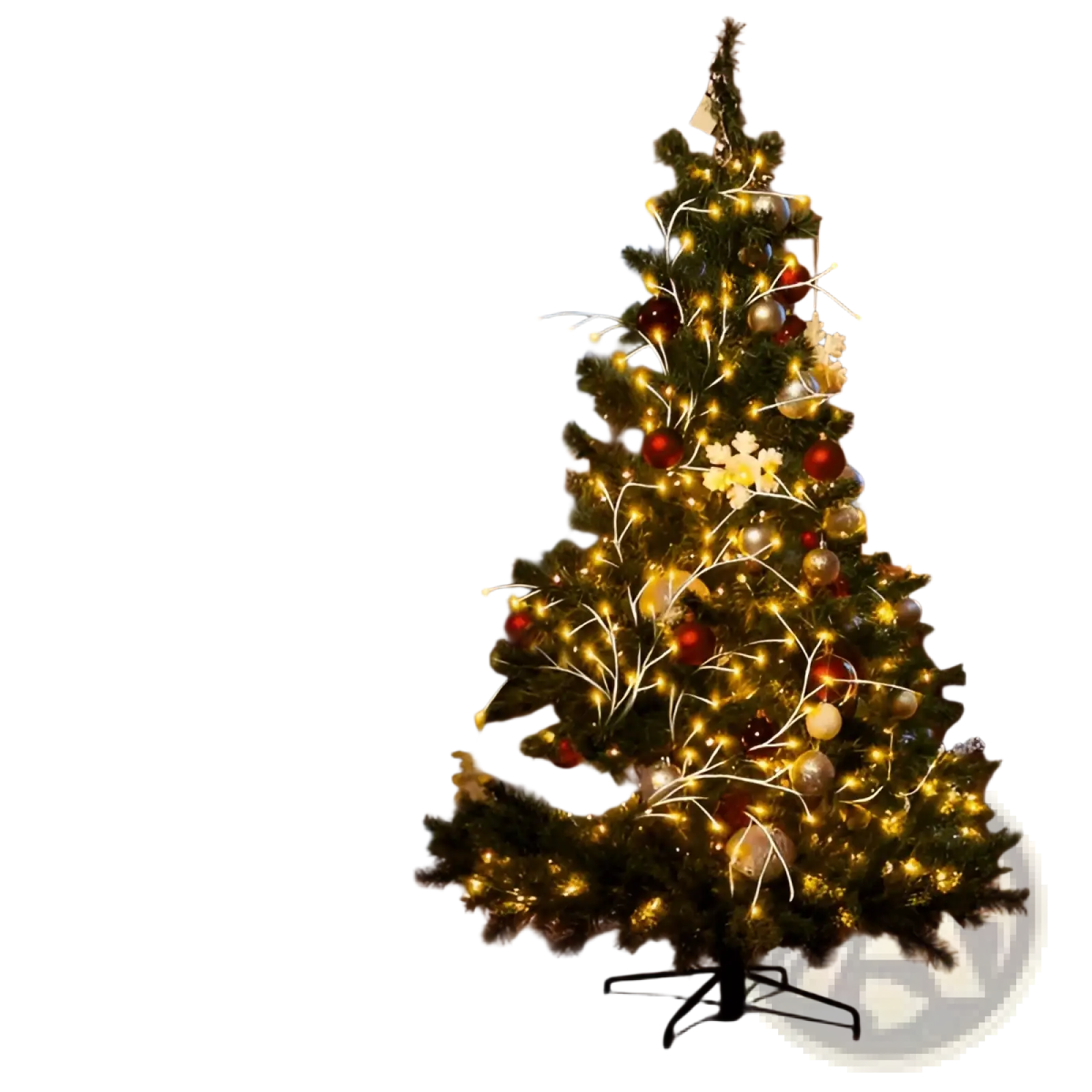 A tall artificial christmas tree decorated with birch garland 144 led warm white waterproof lights and red gold silver ornaments