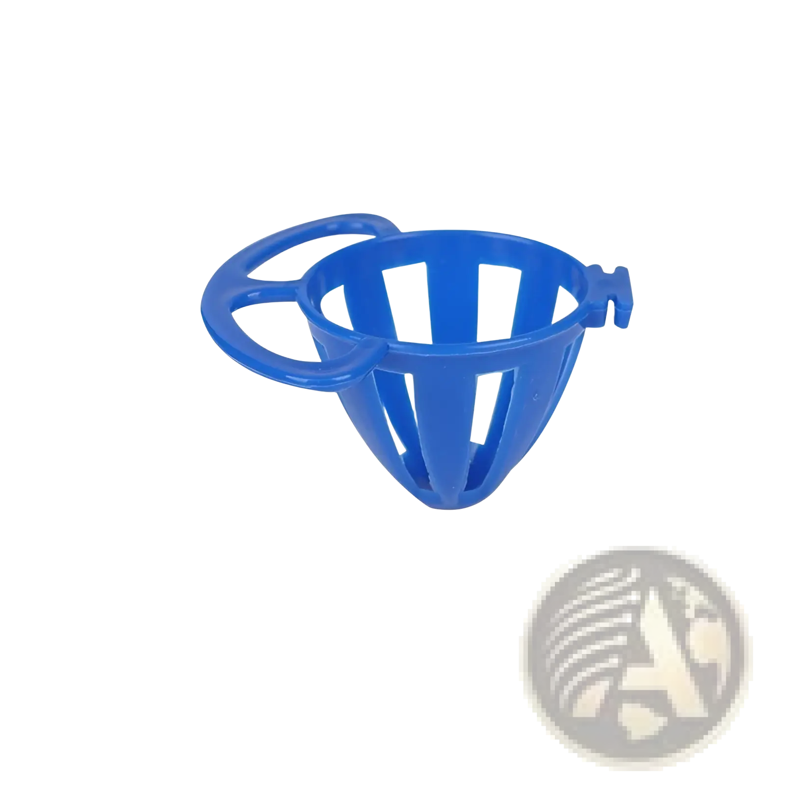 Blue plastic bird feeder cup holder with handle and side clip designed as a cute parrot food toy accessory
