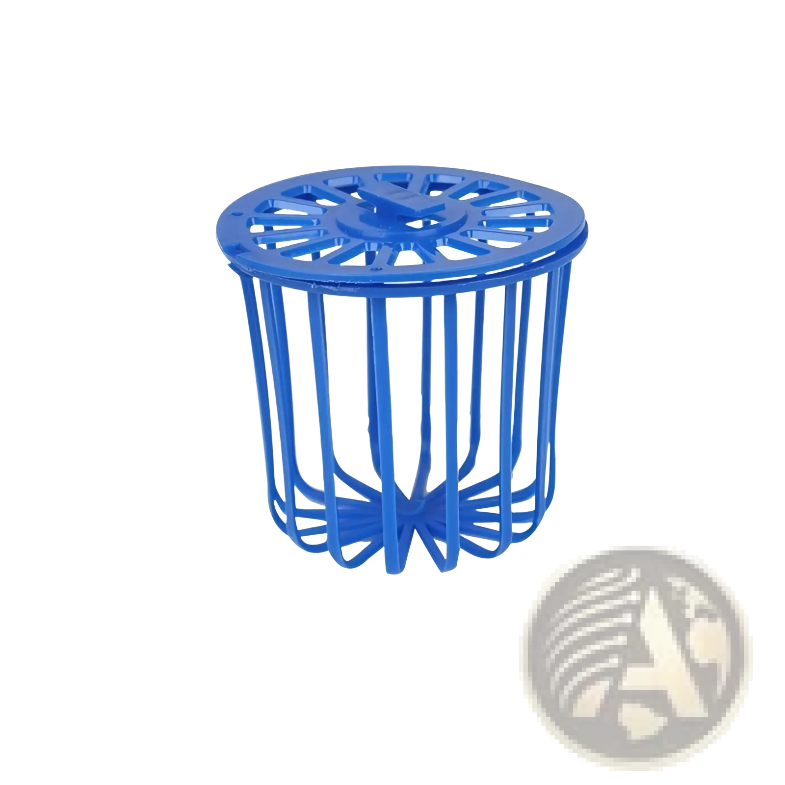 Blue plastic cylindrical bird feeder with perforated top and bottom featuring vertical slats for holding parrot food