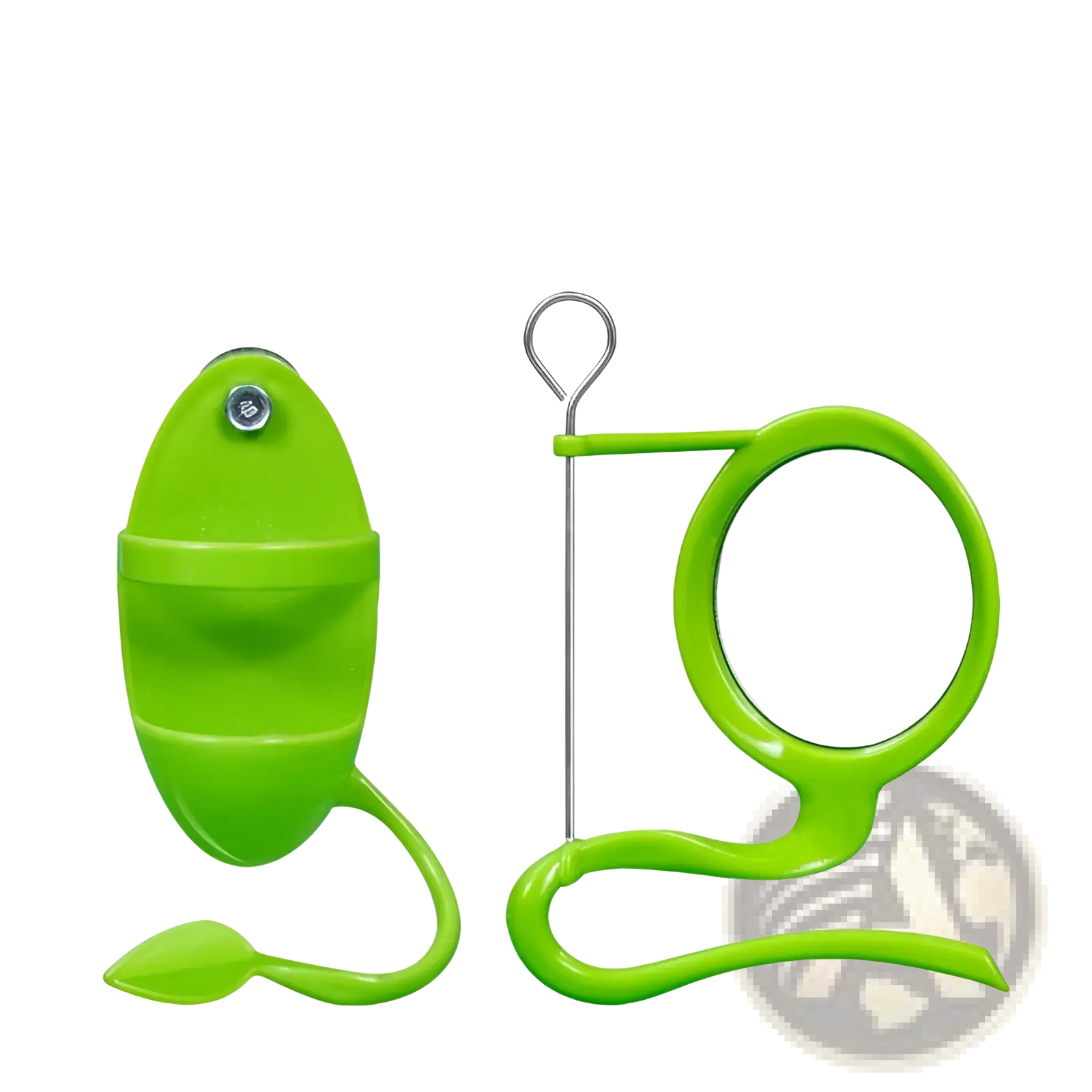 Bright green plastic bird feeder toy with circular mirror and curved handle for parrot food holding