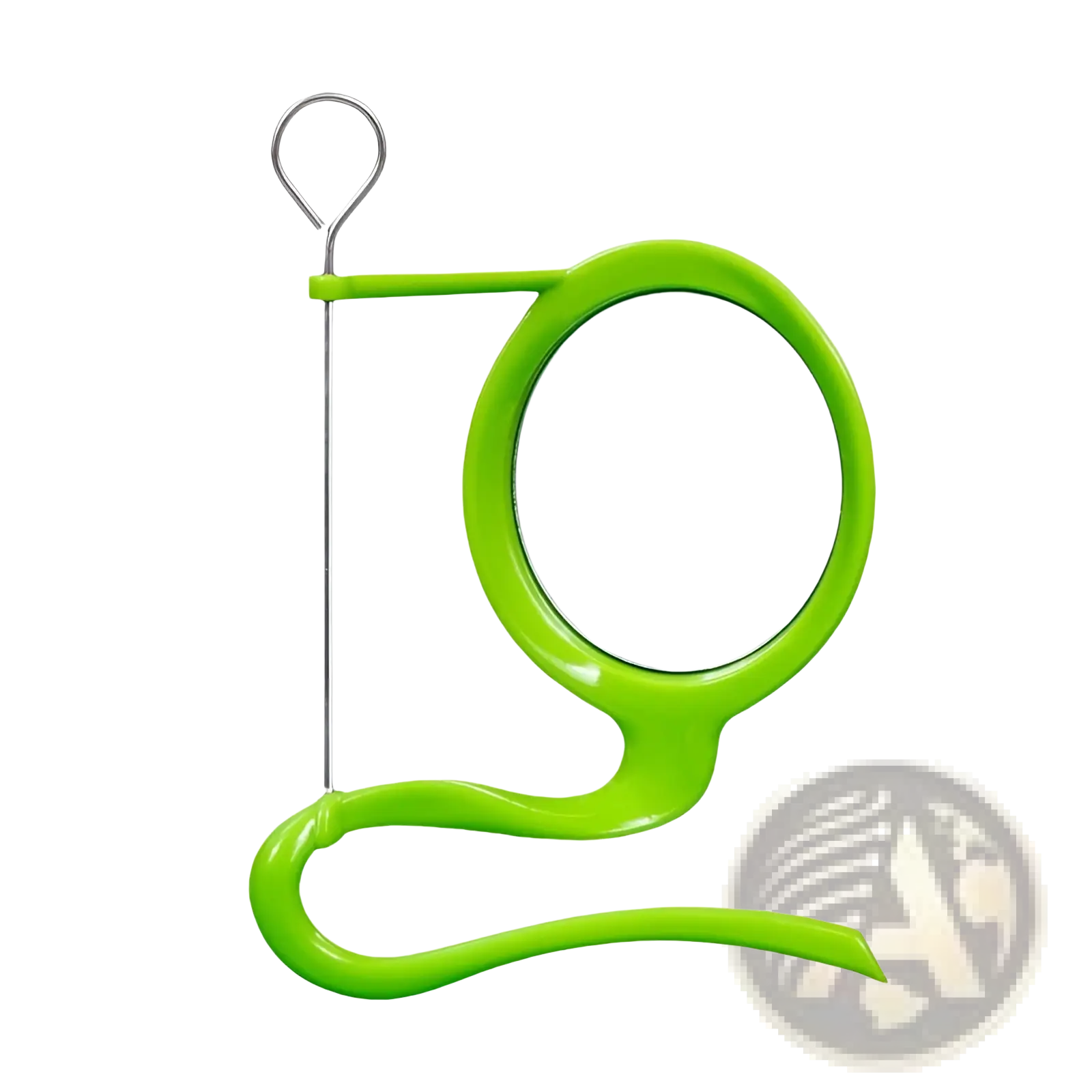 Bright lime green plastic compact mirror with sleek curved handle and silver loop for hanging in bird feeder parrot toy