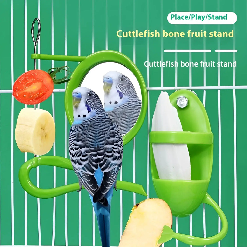 Green plastic cuttlefish bone bird feeder with circular mirror and hanging food holders for parrots and birds