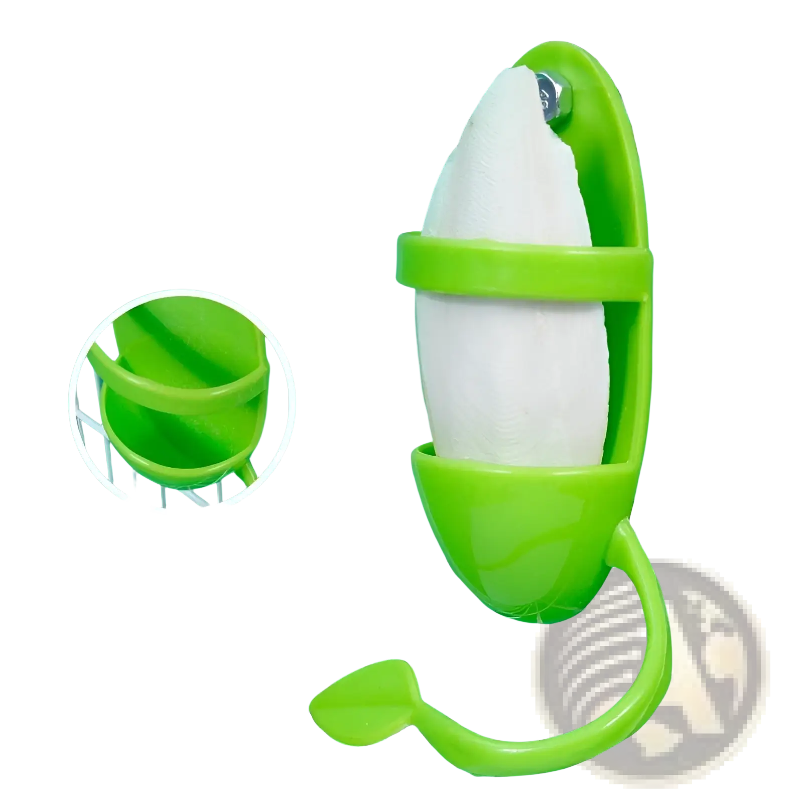 Green plastic bird feeder toy with white bone-shaped cuttlefish insert for parrots and small birds