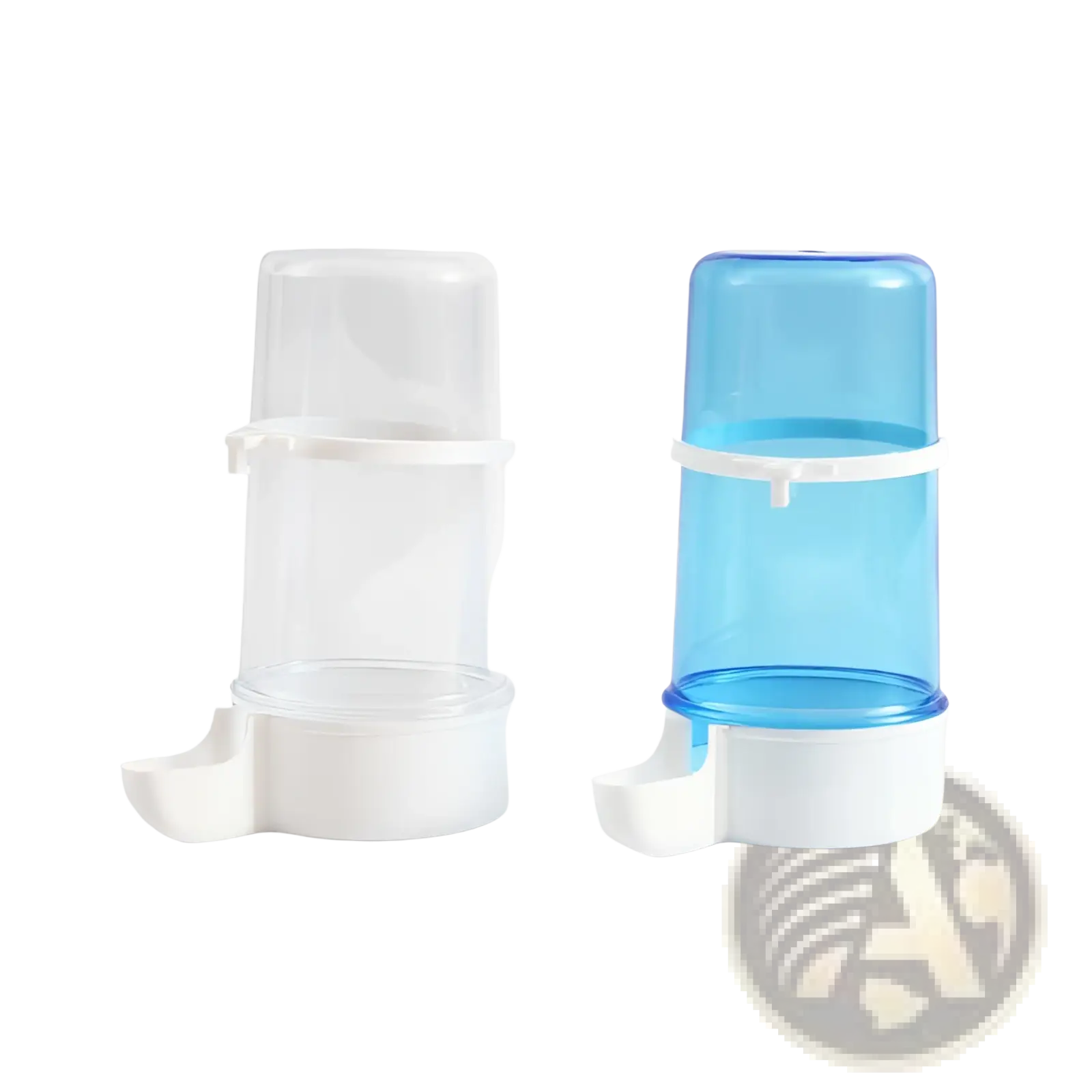 Bird water dispenser for cages large 15cm transparent and blue plastic with white pp base and lid