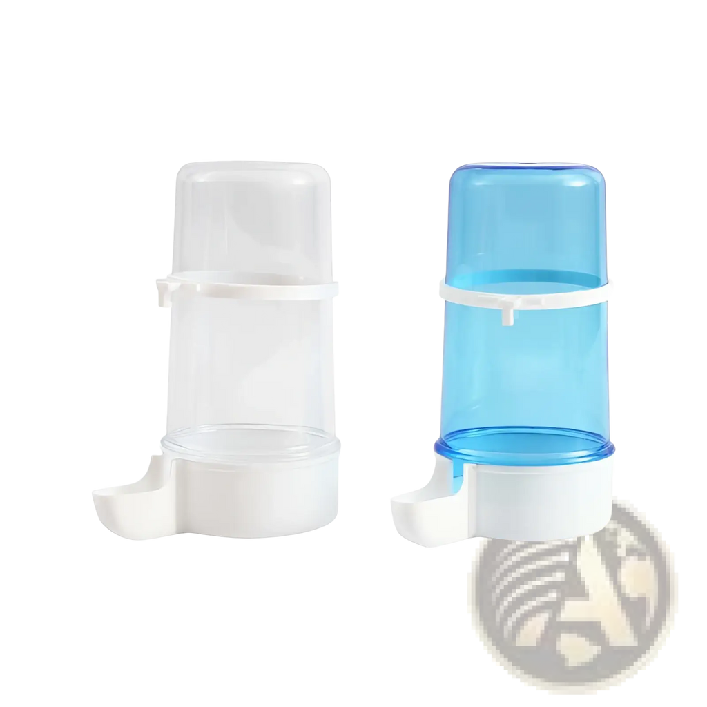 Transparent and blue plastic bird water dispensers with white bases and lids for cages large 15cm pp material