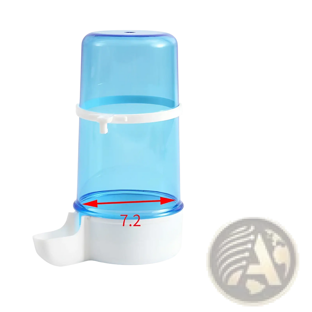Bird water dispenser for cages large 15cm blue translucent pp plastic with white base and spout for pets
