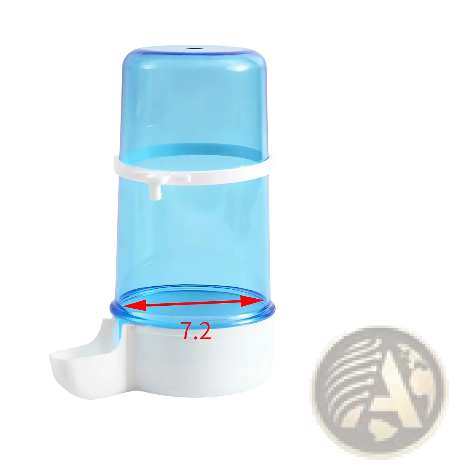 Bird water dispenser for cages large 15cm blue translucent pp plastic with white base and spout for pets