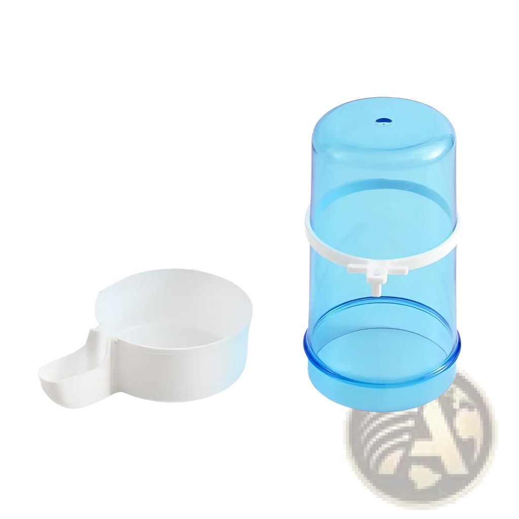 Blue plastic bird water dispenser with white plastic base and spout for cages large 15cm made of PP material