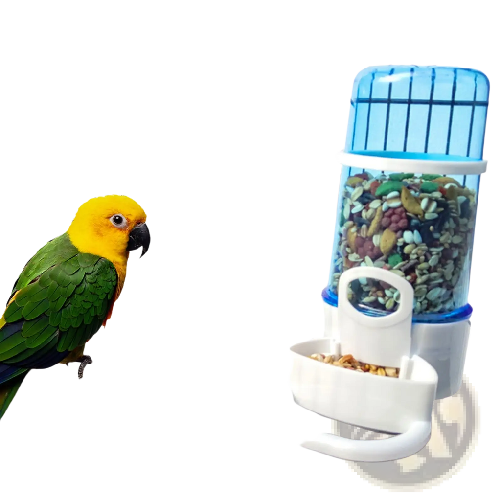 Blue and white large 15cm bird water dispenser for cages made of pp with a clear top section filled with colorful seeds