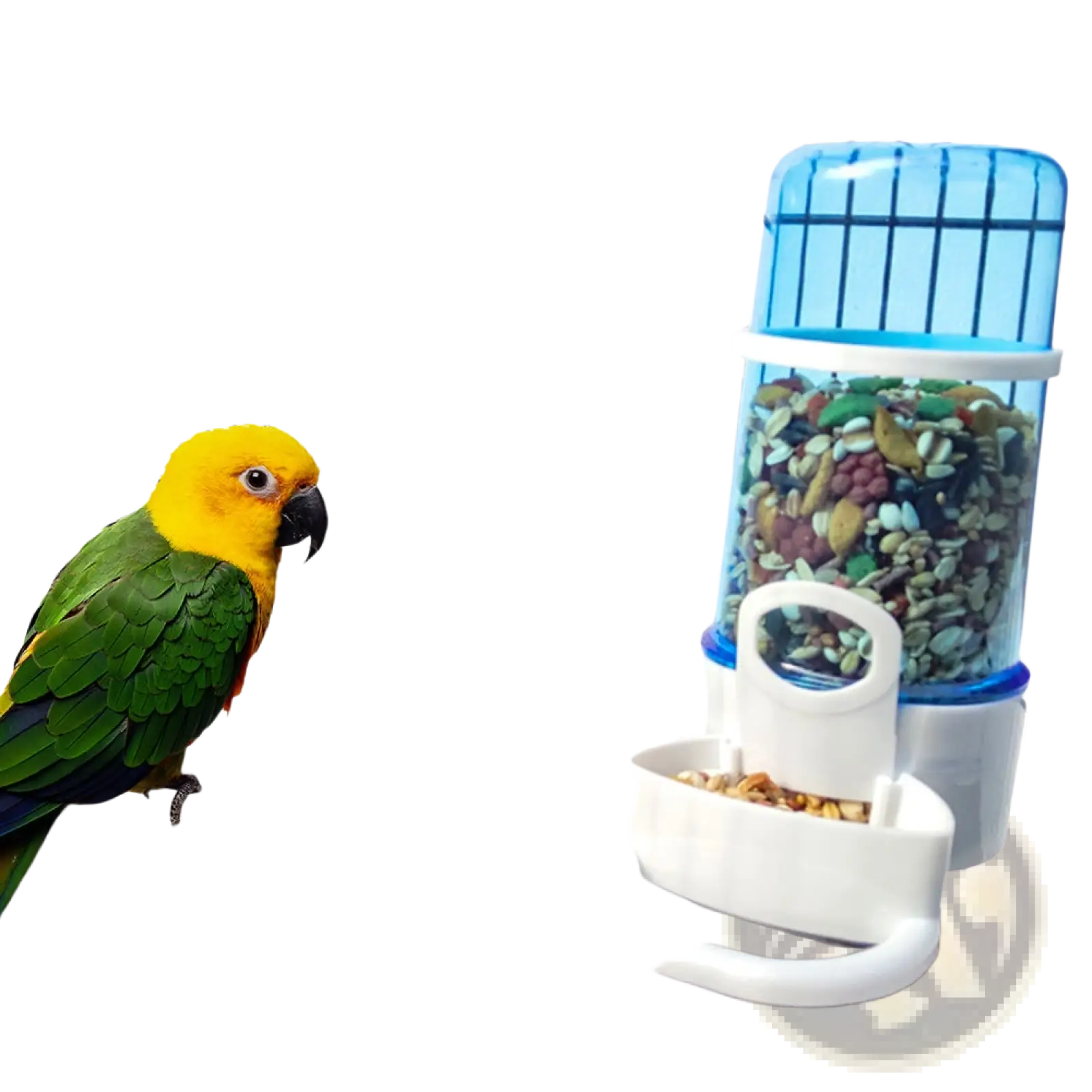 Blue and white large 15cm bird water dispenser for cages made of pp with a clear top section filled with colorful seeds