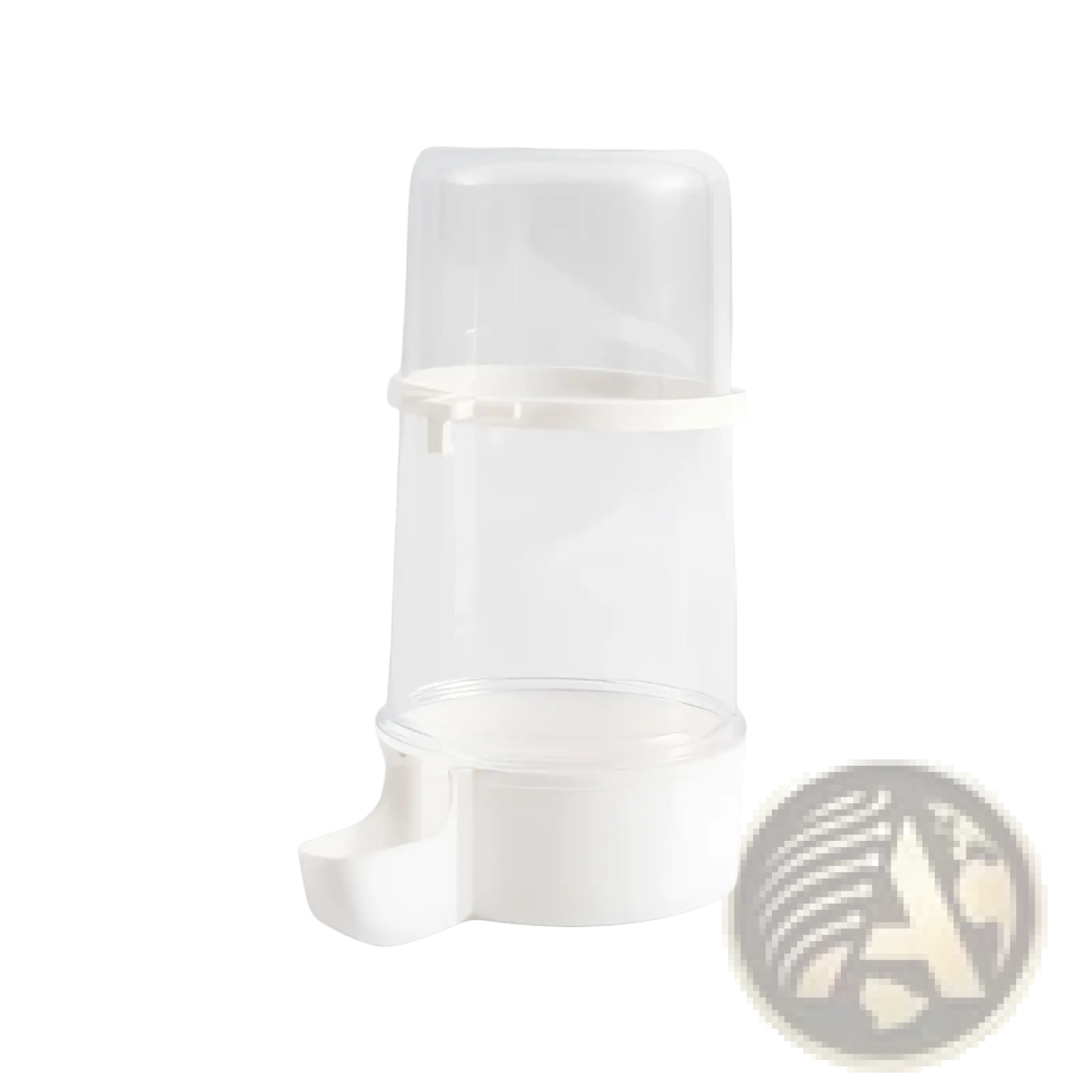 Clear plastic bird water dispenser for cages with white base and spout made of blue pp large 15cm
