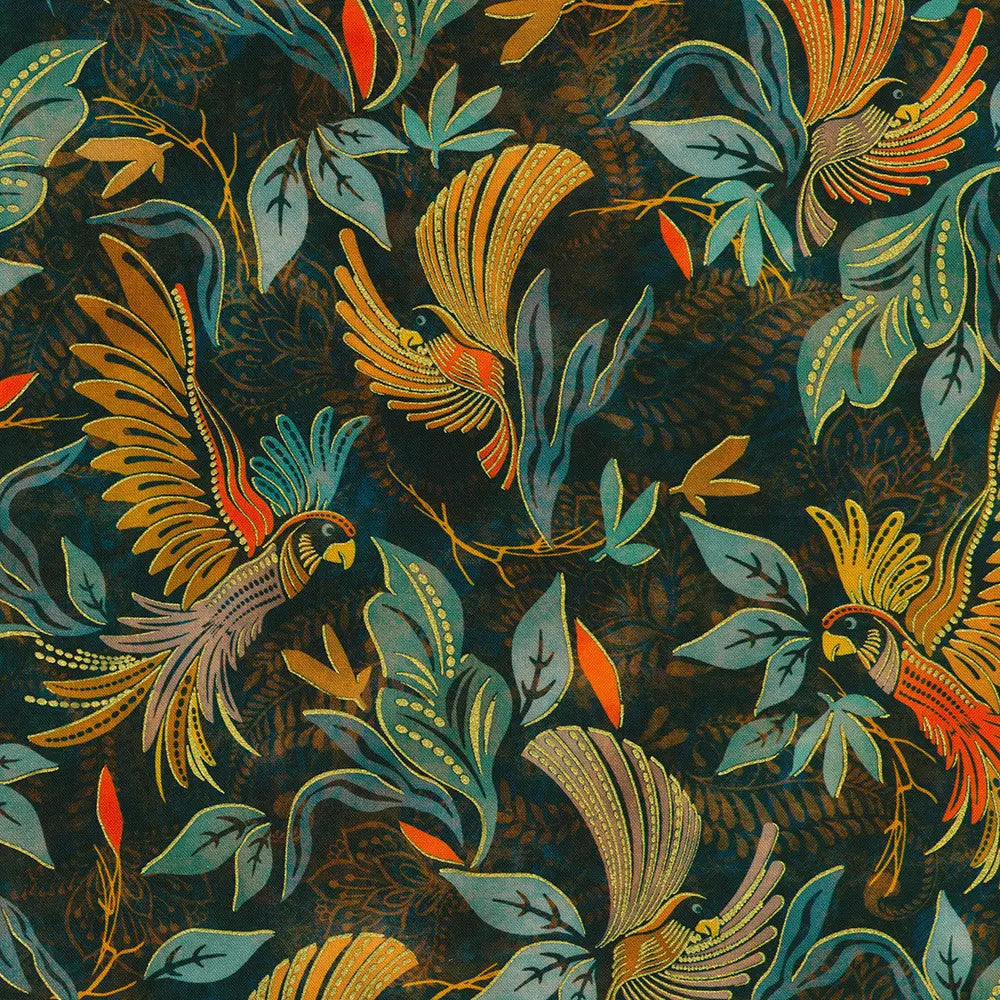 Vibrant stylized parrots and foliage in teal gold orange and brown on dark navy fabric of birds of a feather vintage cotton midi dress