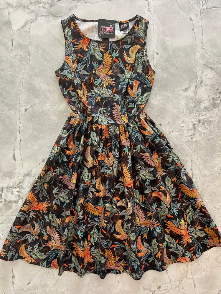 Birds of a feather vintage 1950s sleeveless black cotton midi dress with vibrant orange and green bird pattern
